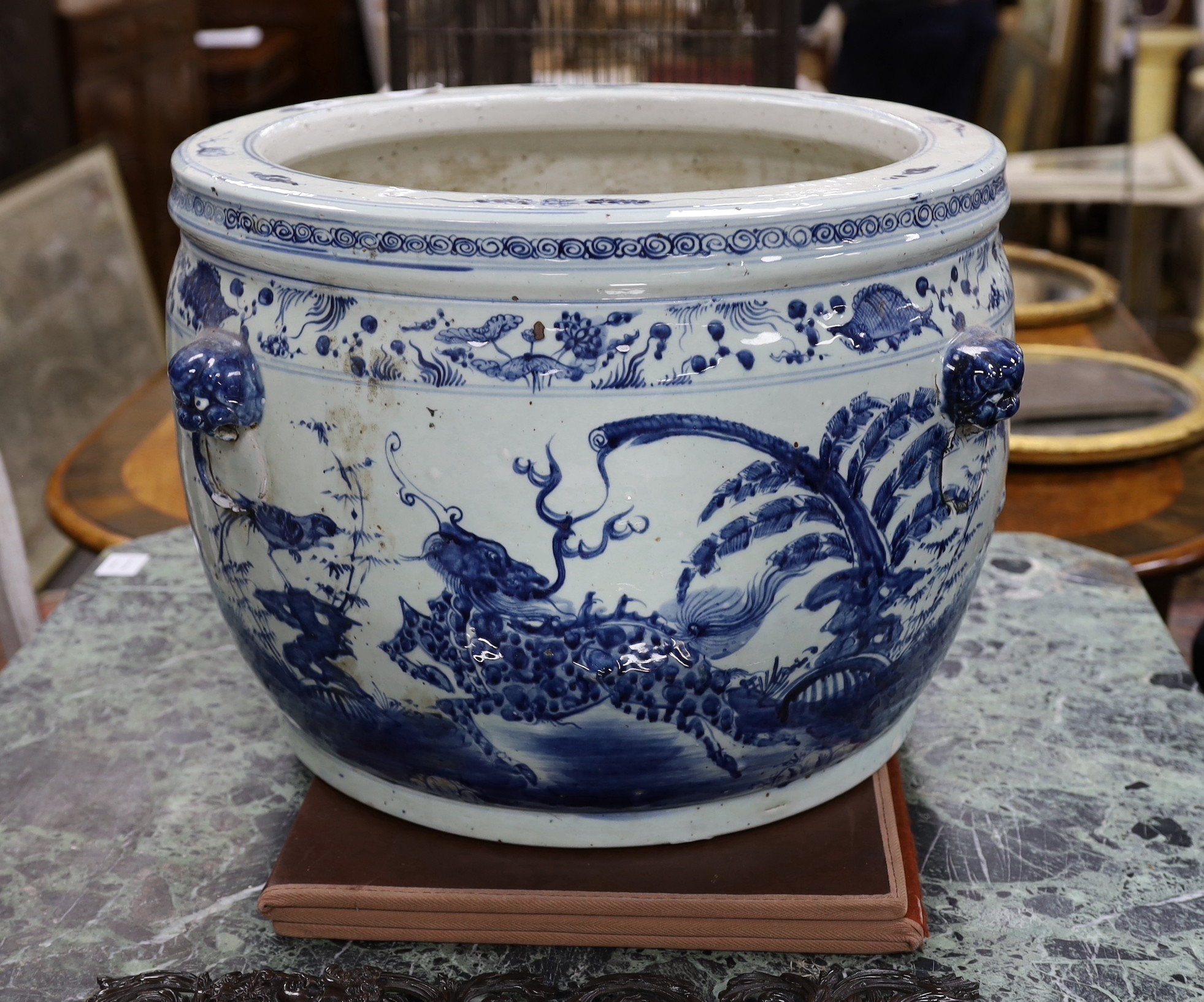 A large Chinese blue and white fish bowl. 39cm high